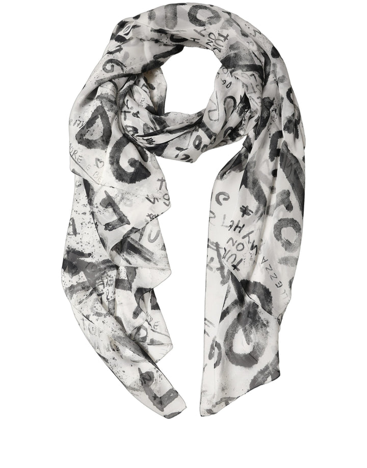 Dolce &amp; Gabbana White Graffiti Logo Silk Shawl Stole Scarf