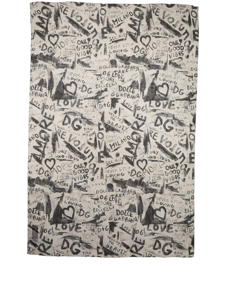 Dolce &amp; Gabbana White Graffiti Logo Silk Shawl Stole Scarf