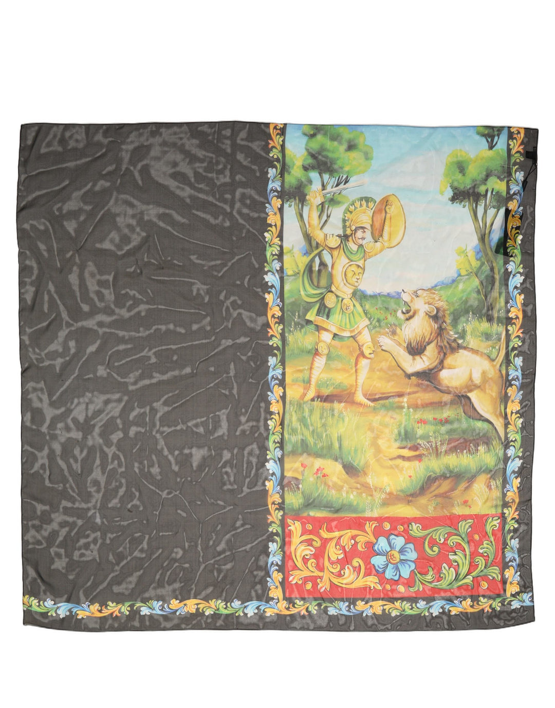 Dolce &amp; Gabbana Dark Gray Silk Scenery Print Foulard Scarf