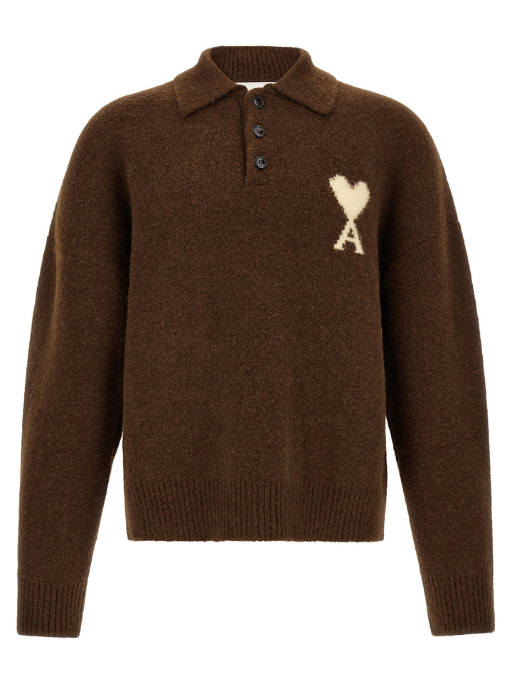 Ami Paris Brown Alpaca Leather Polo Shirt