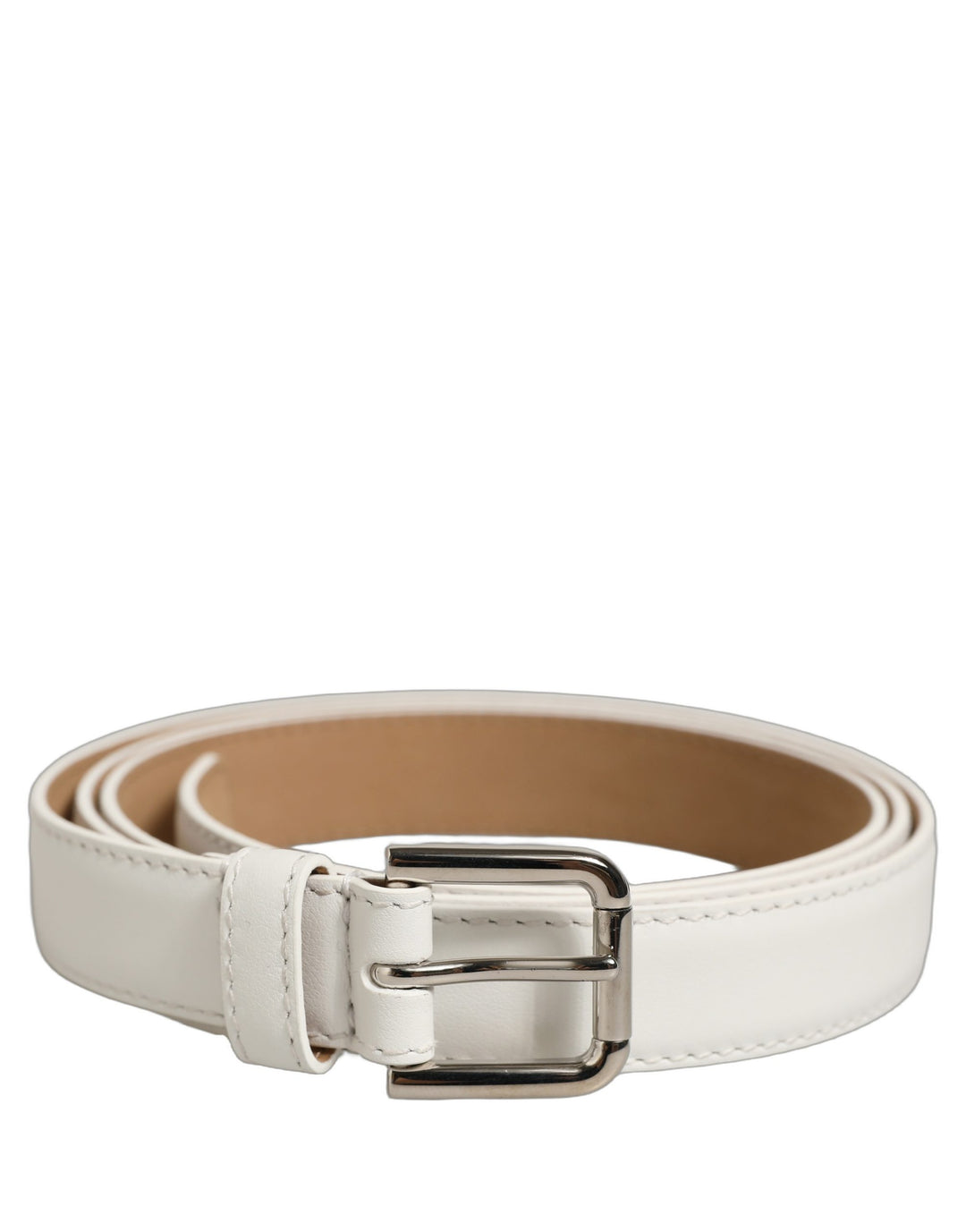 Dolce &amp; Gabbana White Leather Silver Tone Metal Buckle Belt