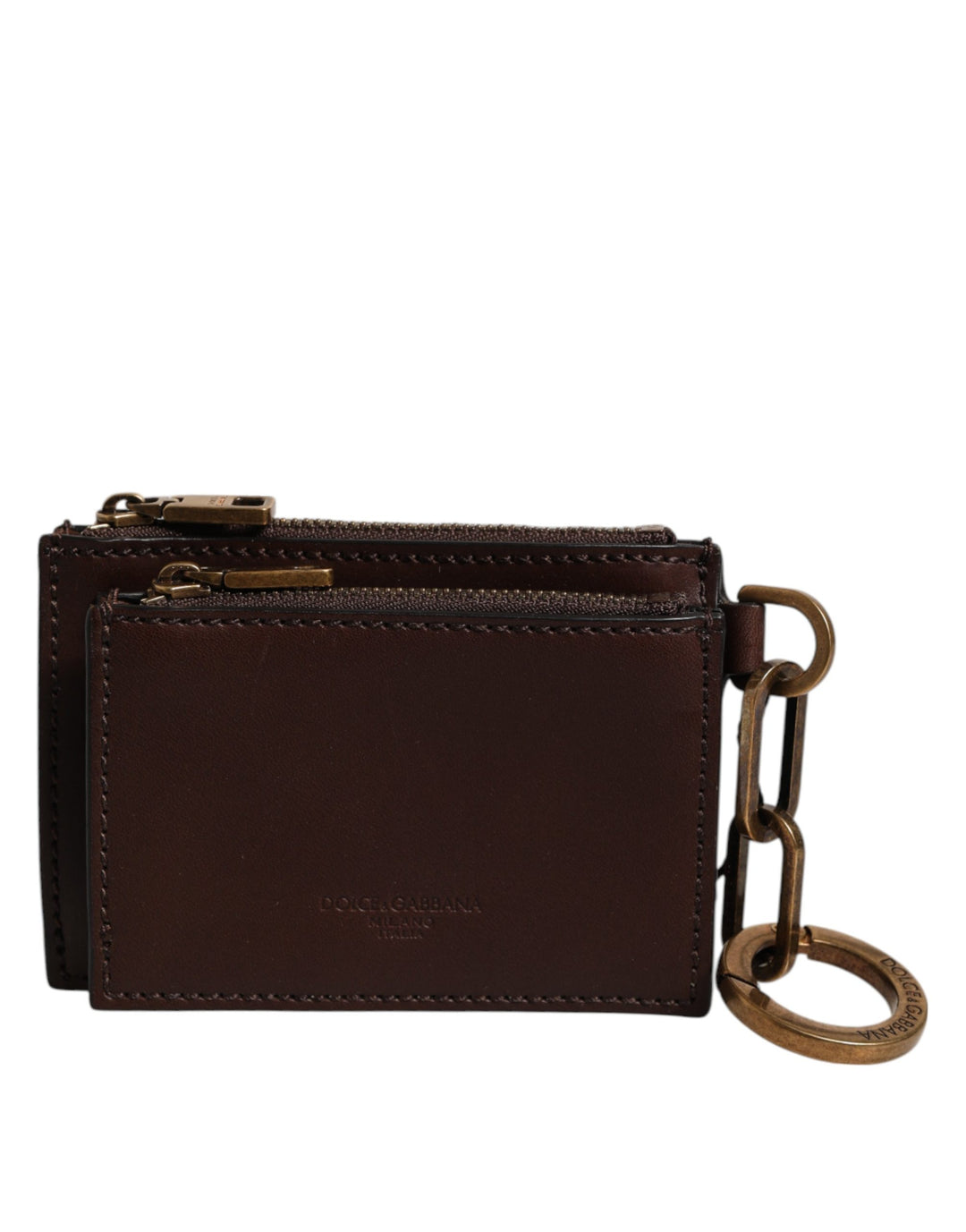 Dolce &amp; Gabbana Brown Leather Logo Embossed Key Chain Coin Purse Wallet