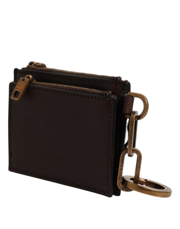 Dolce &amp; Gabbana Brown Leather Logo Embossed Key Chain Coin Purse Wallet