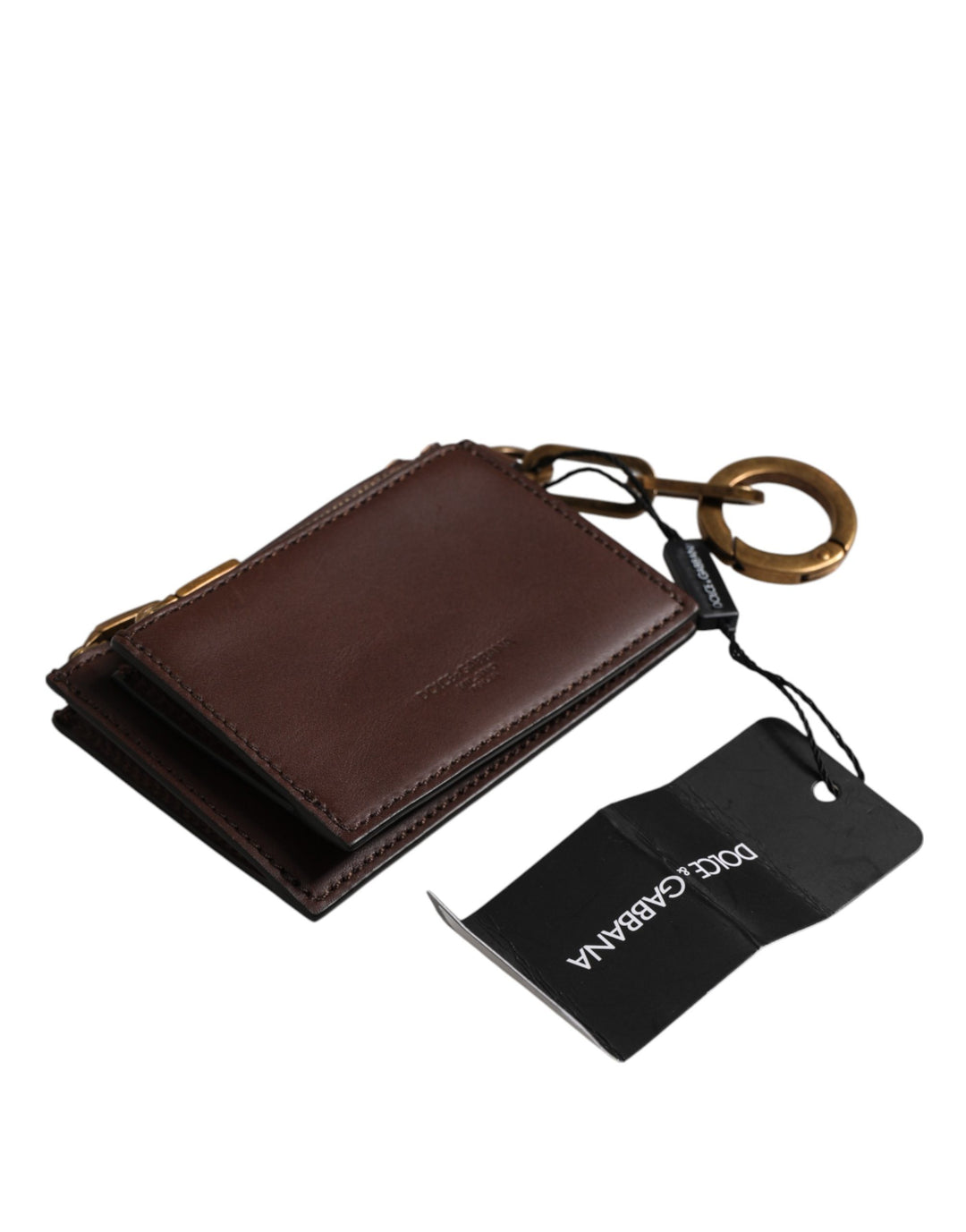 Dolce &amp; Gabbana Brown Leather Logo Embossed Key Chain Coin Purse Wallet