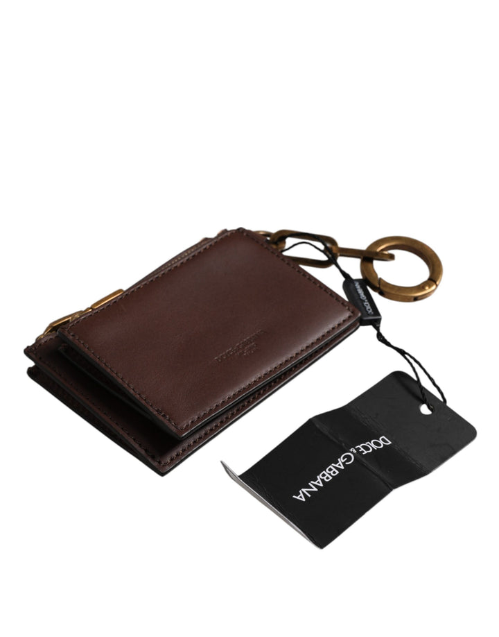 Dolce &amp; Gabbana Brown Leather Logo Embossed Key Chain Coin Purse Wallet