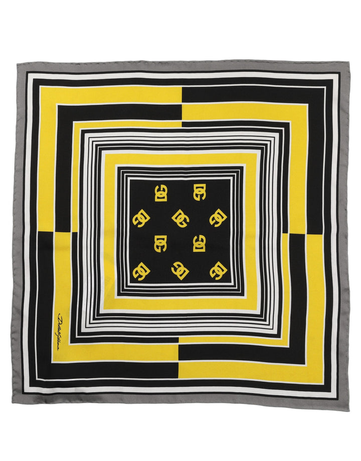 Dolce &amp; Gabbana Black Yellow Silk Logo Square Foulard Scarf