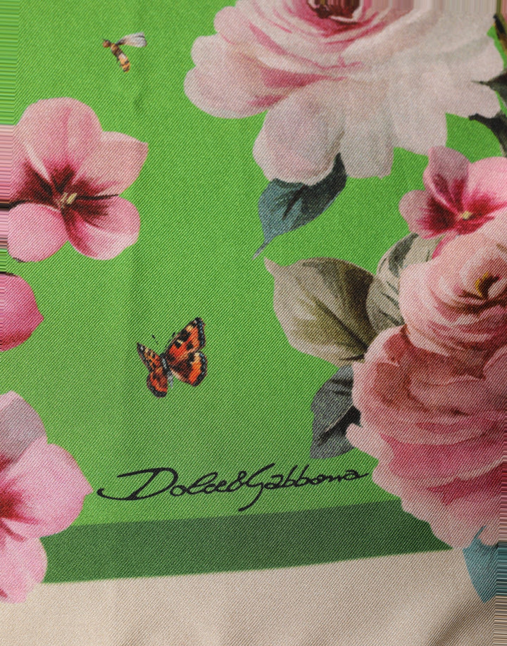 Dolce &amp; Gabbana Green Floral Print Silk Square Foulard Scarf