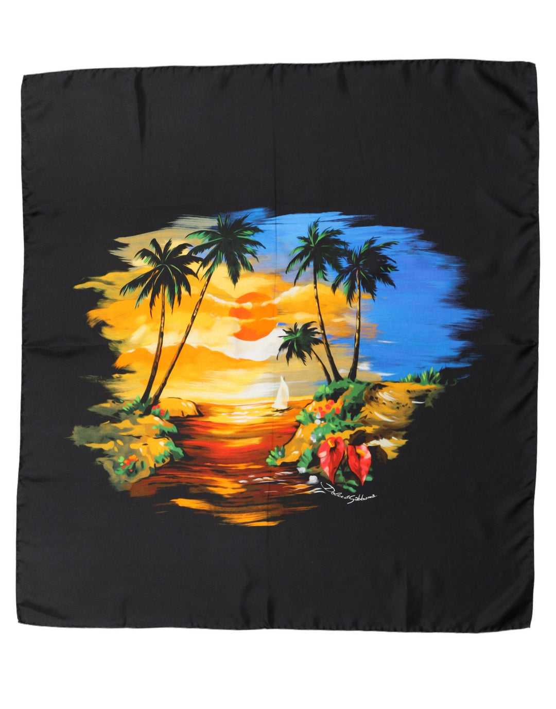 Dolce &amp; Gabbana Black Tropical Sunset Square Foulard Scarf