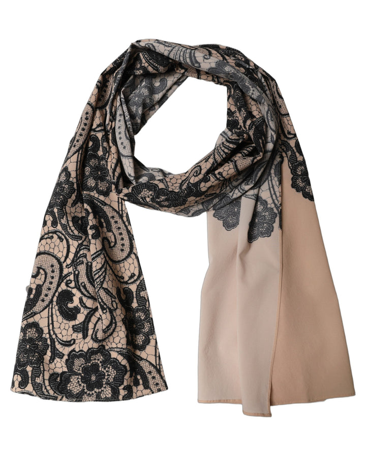 Dolce &amp; Gabbana Black Beige Floral Lace Silk Neck Shawl Scarf