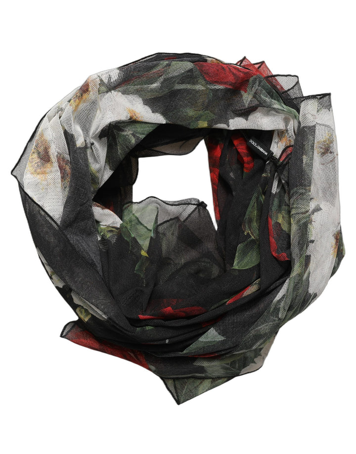 Dolce &amp; Gabbana Black Floral Print Cotton Shawl Stole Scarf
