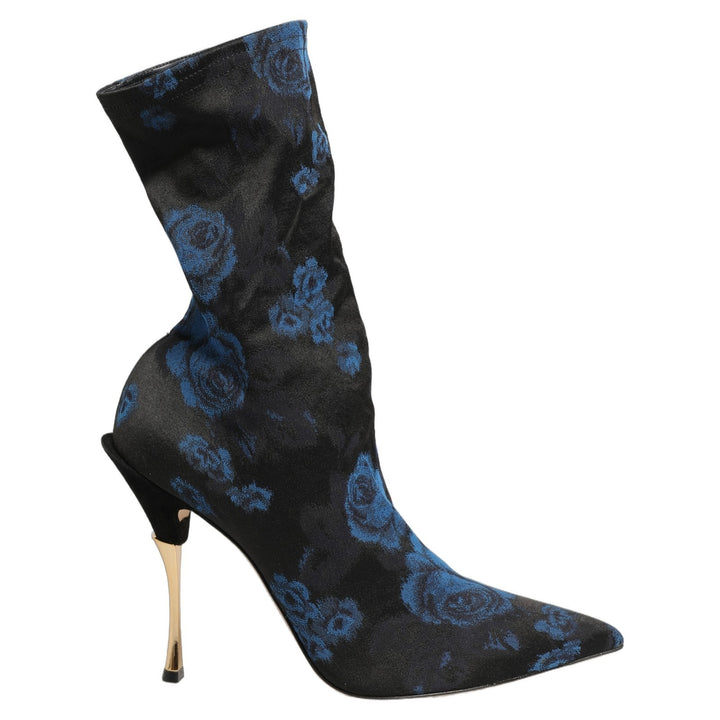 Dolce &amp; Gabbana Black Blue Floral Stretch Sock Boots Shoes