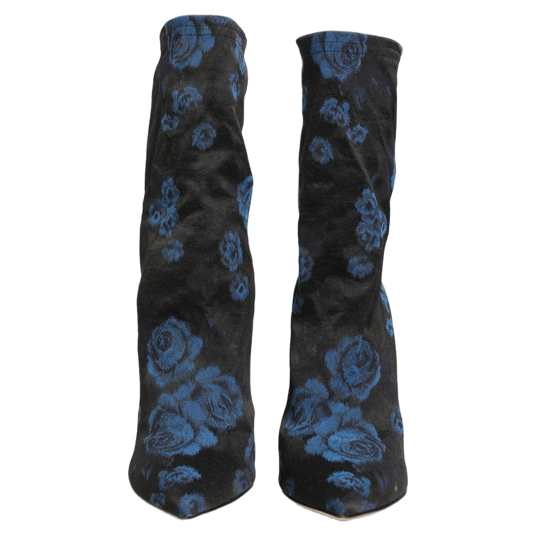 Dolce &amp; Gabbana Black Blue Floral Stretch Sock Boots Shoes