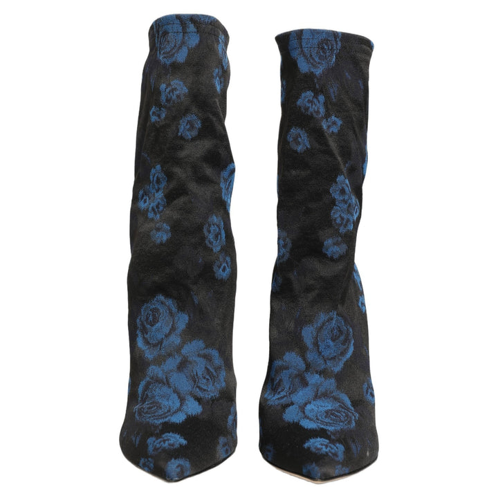Dolce &amp; Gabbana Black Blue Floral Stretch Sock Boots Shoes