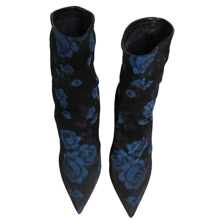 Dolce &amp; Gabbana Black Blue Floral Stretch Sock Boots Shoes