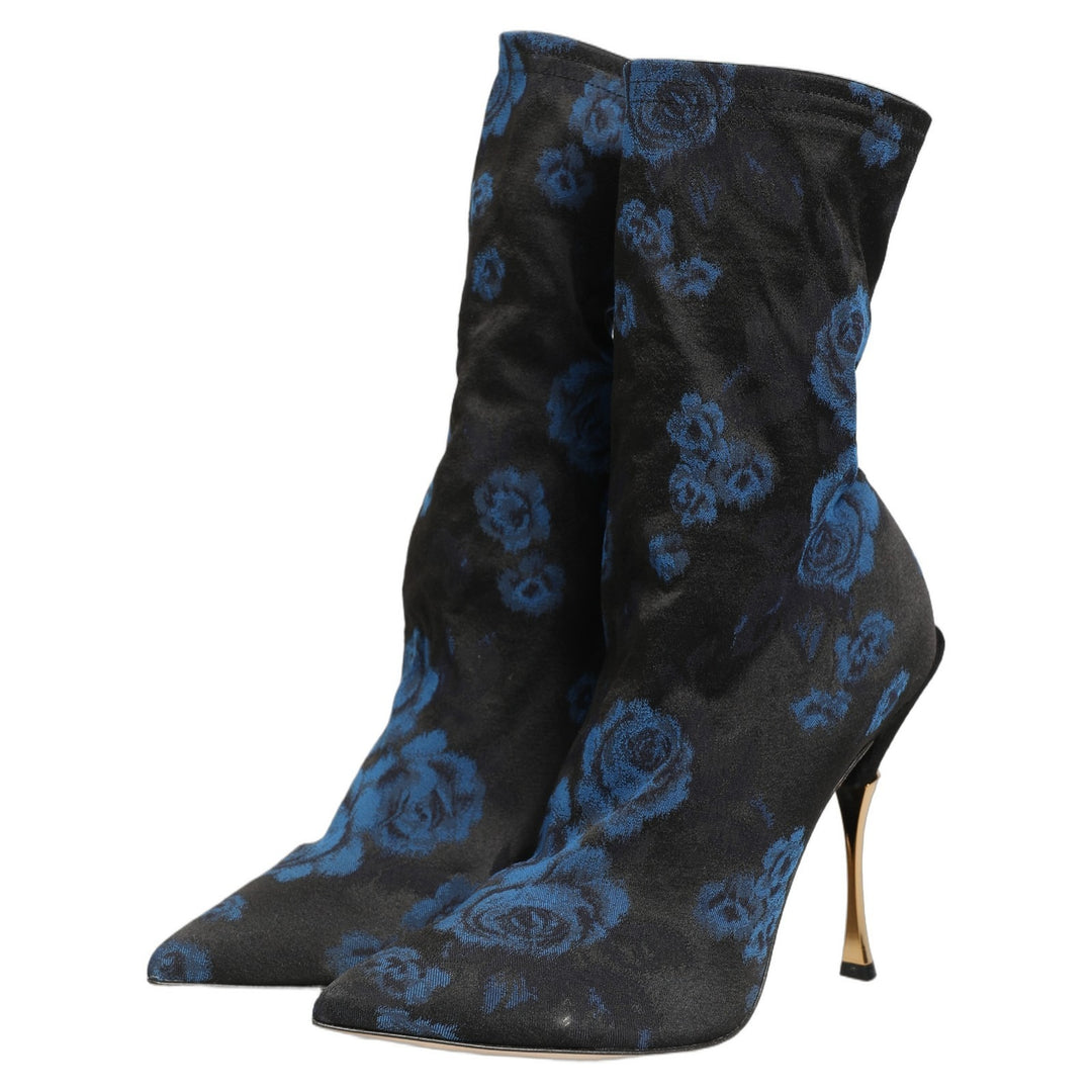 Dolce &amp; Gabbana Black Blue Floral Stretch Sock Boots Shoes