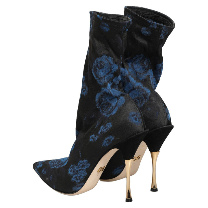 Dolce &amp; Gabbana Black Blue Floral Stretch Sock Boots Shoes