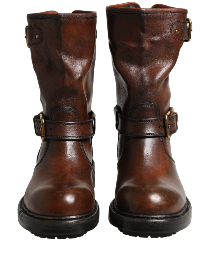 Dolce &amp; Gabbana Brown Leather Mid Calf Biker Boots Shoes