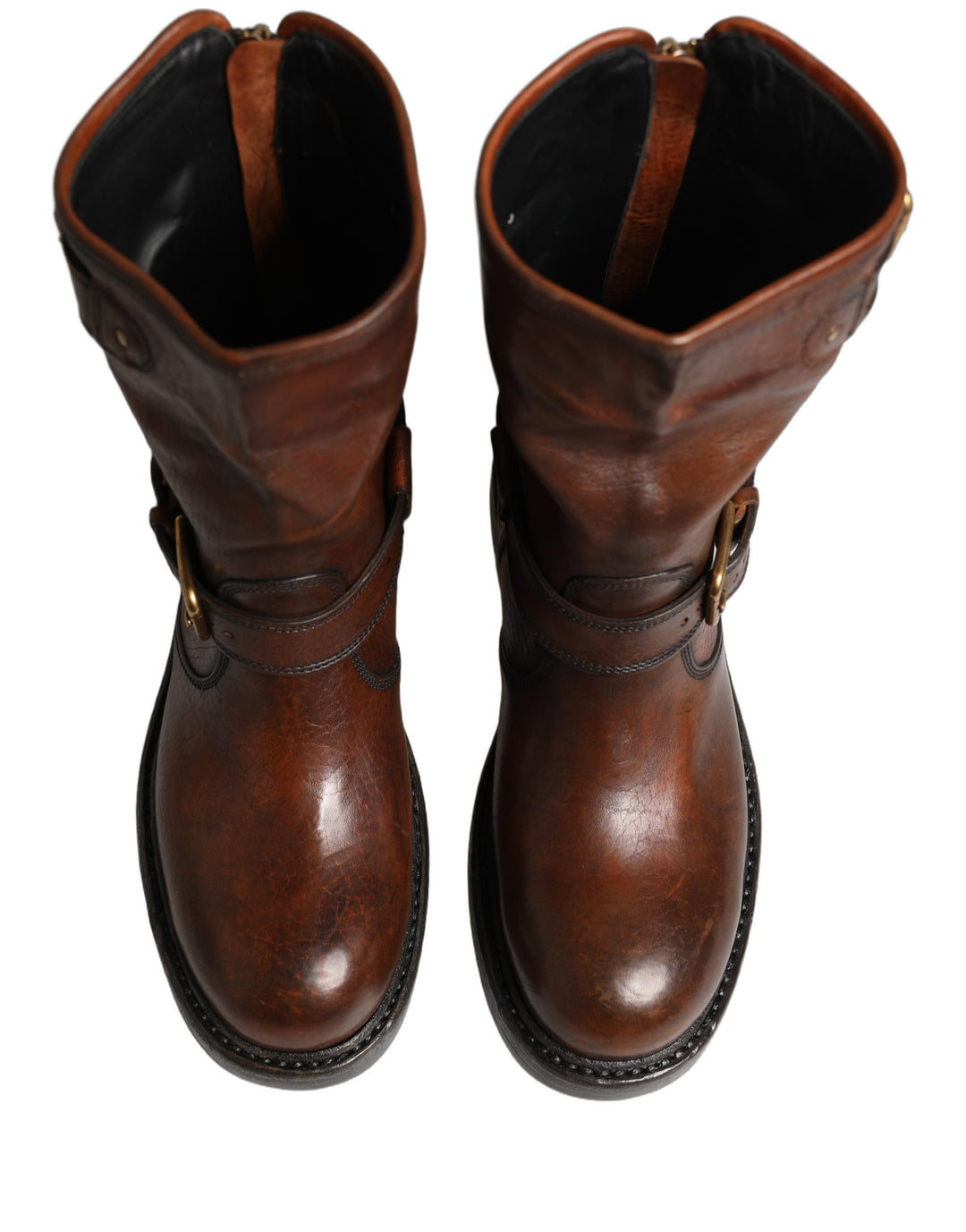 Dolce &amp; Gabbana Brown Leather Mid Calf Biker Boots Shoes