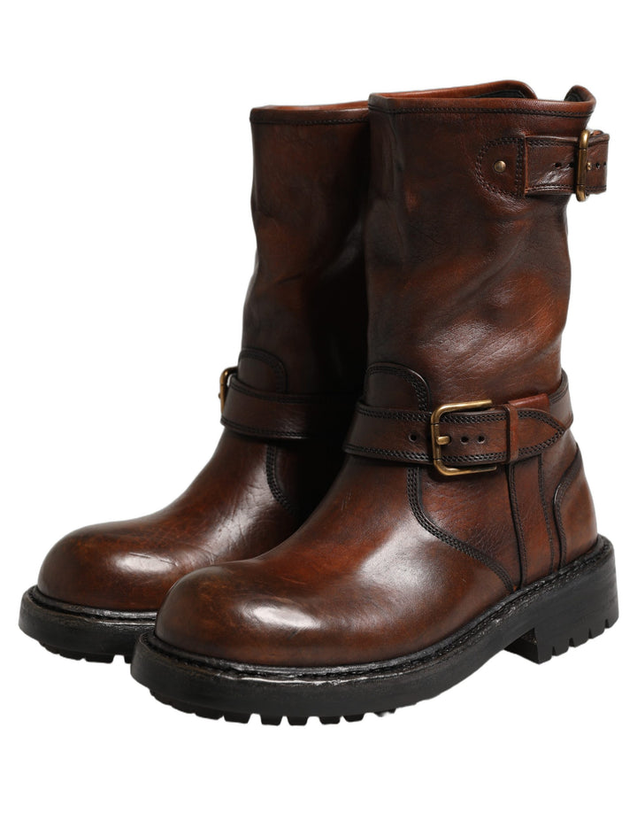 Dolce &amp; Gabbana Brown Leather Mid Calf Biker Boots Shoes