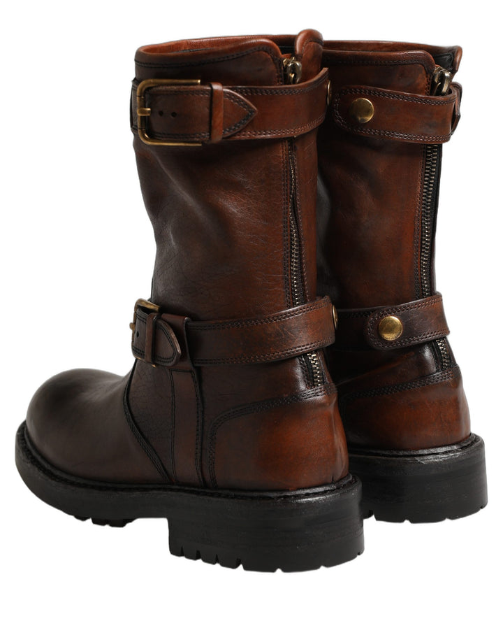 Dolce &amp; Gabbana Brown Leather Mid Calf Biker Boots Shoes
