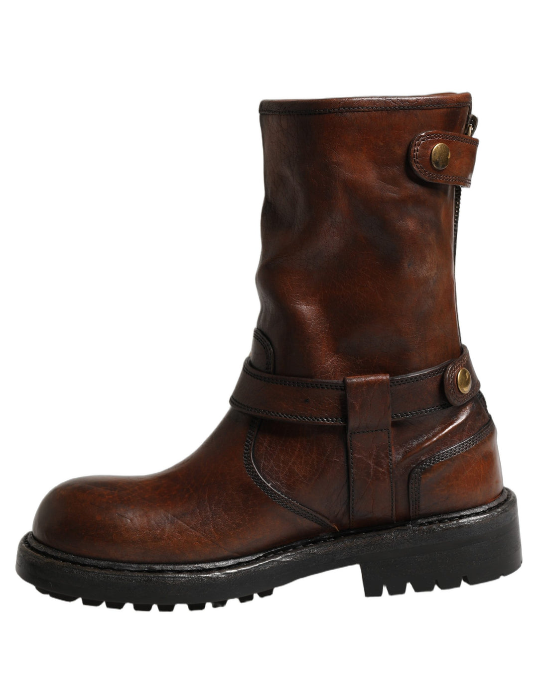Dolce &amp; Gabbana Brown Leather Mid Calf Biker Boots Shoes