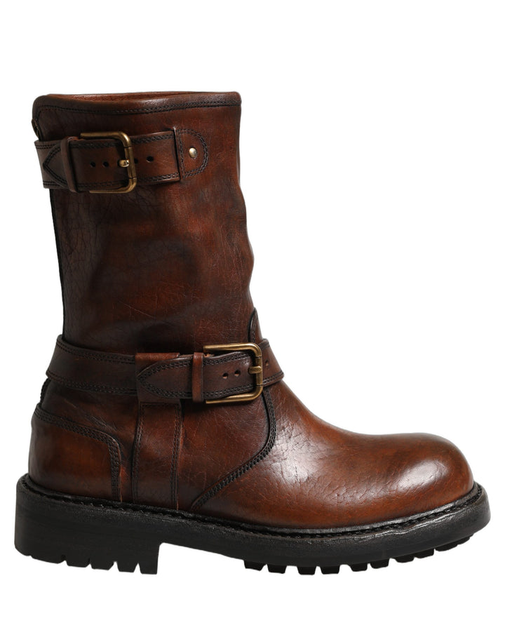 Dolce &amp; Gabbana Brown Leather Mid Calf Biker Boots Shoes