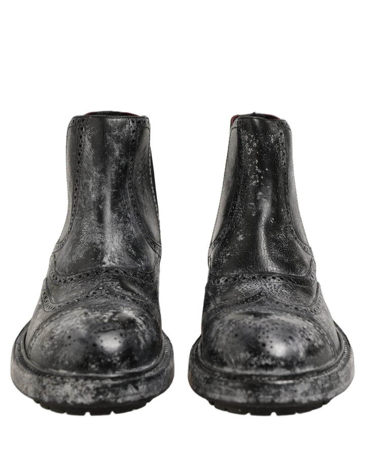 Dolce &amp; Gabbana Black Gray Leather Ankle Chelsea Boots Shoes