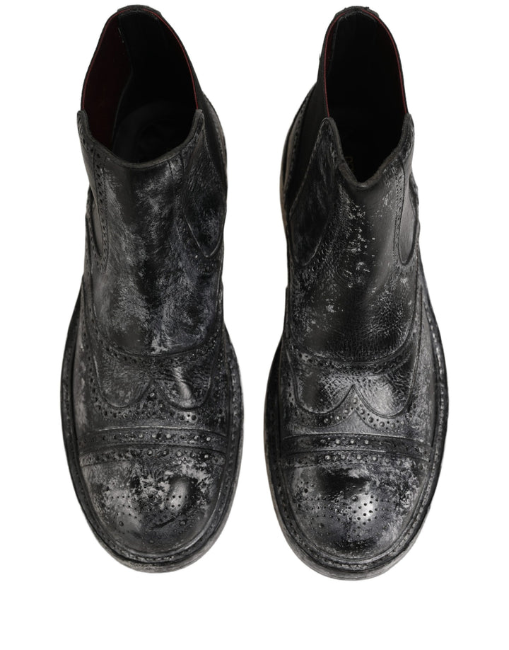 Dolce &amp; Gabbana Black Gray Leather Ankle Chelsea Boots Shoes