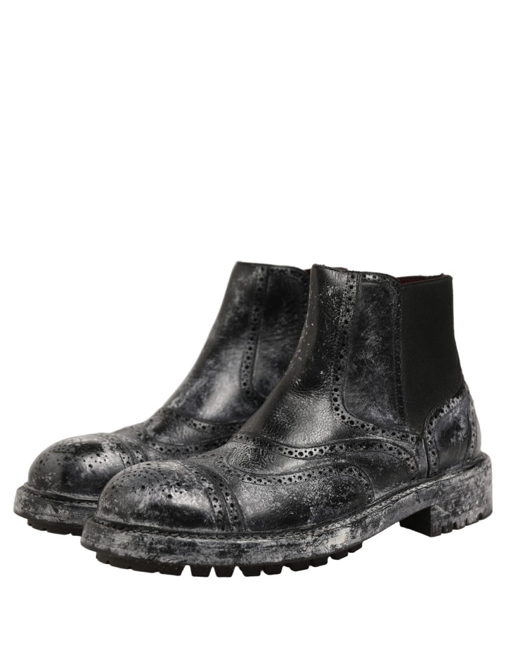 Dolce &amp; Gabbana Black Gray Leather Ankle Chelsea Boots Shoes