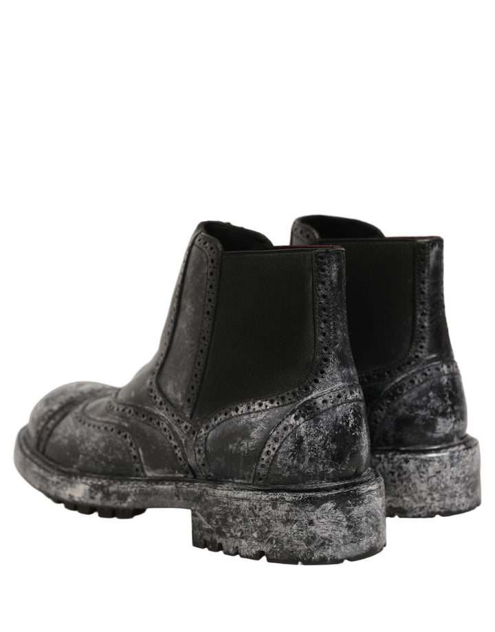 Dolce &amp; Gabbana Black Gray Leather Ankle Chelsea Boots Shoes