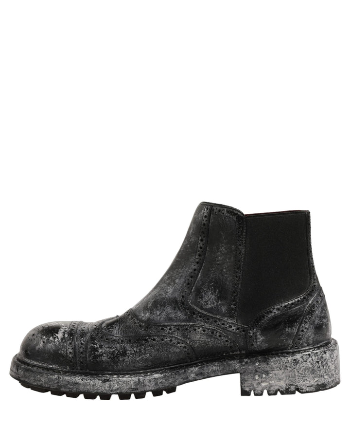 Dolce &amp; Gabbana Black Gray Leather Ankle Chelsea Boots Shoes