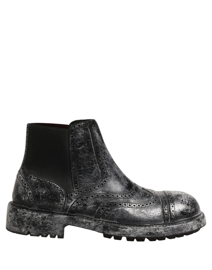 Dolce &amp; Gabbana Black Gray Leather Ankle Chelsea Boots Shoes