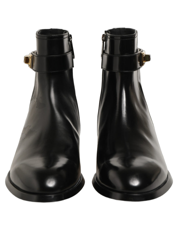 Dolce &amp; Gabbana Black Leather Buckle Mid Calf Boots Shoes