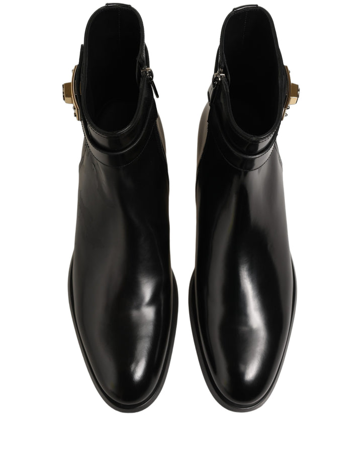 Dolce &amp; Gabbana Black Leather Buckle Mid Calf Boots Shoes
