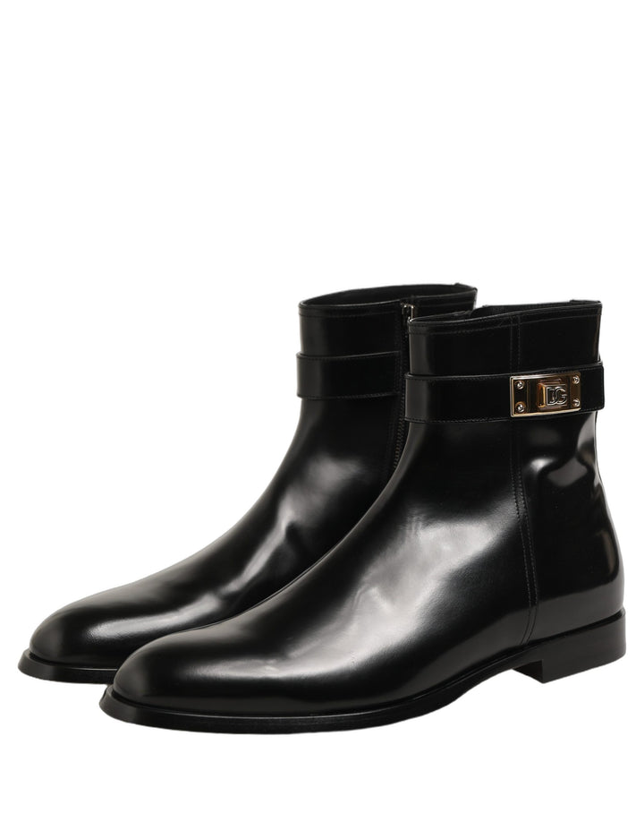 Dolce &amp; Gabbana Black Leather Buckle Mid Calf Boots Shoes