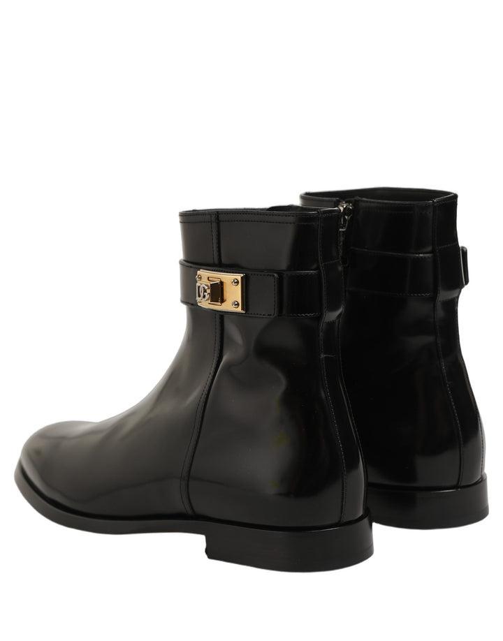 Dolce &amp; Gabbana Black Leather Buckle Mid Calf Boots Shoes
