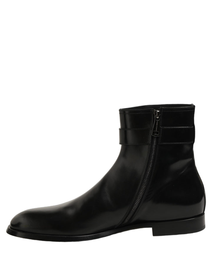 Dolce &amp; Gabbana Black Leather Buckle Mid Calf Boots Shoes