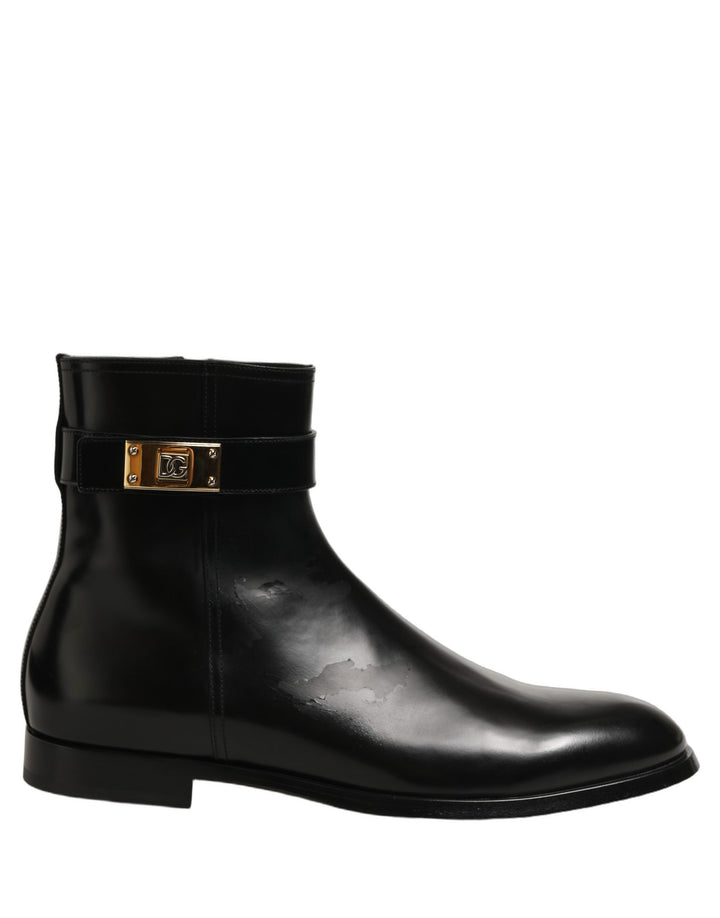 Dolce &amp; Gabbana Black Leather Buckle Mid Calf Boots Shoes
