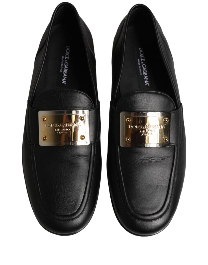 Dolce &amp; Gabbana Black Leather Logo Plaque Loafers Men Shoes