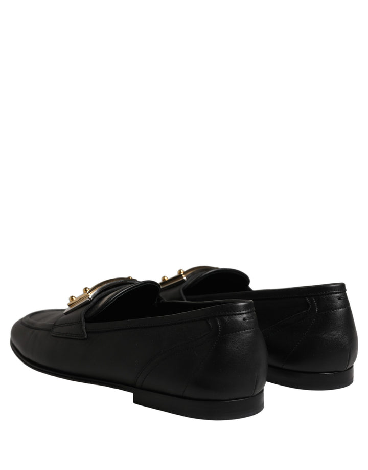 Dolce &amp; Gabbana Black Leather Logo Plaque Loafers Men Shoes