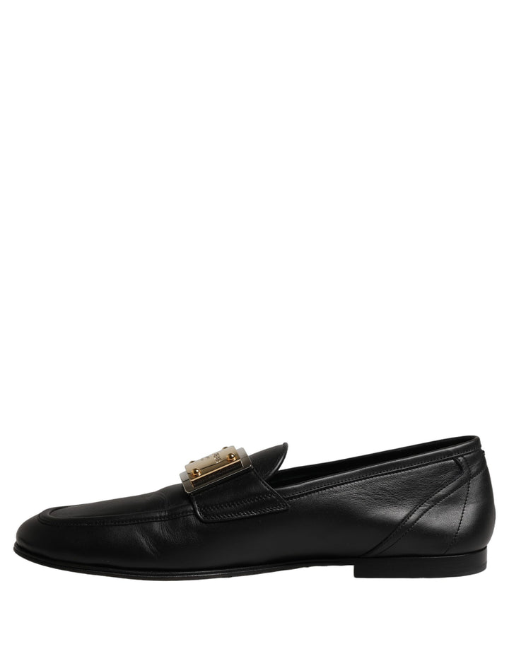 Dolce &amp; Gabbana Black Leather Logo Plaque Loafers Men Shoes