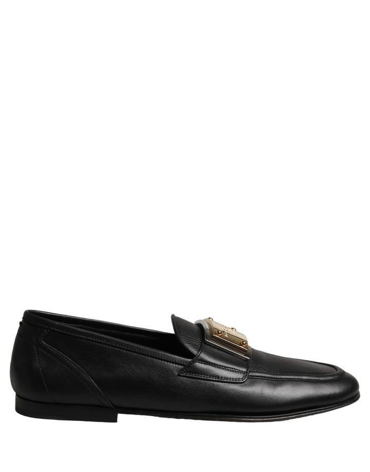 Dolce &amp; Gabbana Black Leather Logo Plaque Loafers Men Shoes