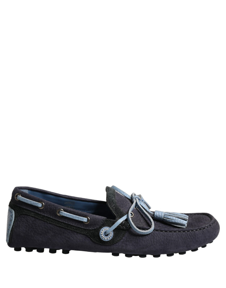 Dolce &amp; Gabbana Navy Blue Suede Leather Tassel Loafers Shoes