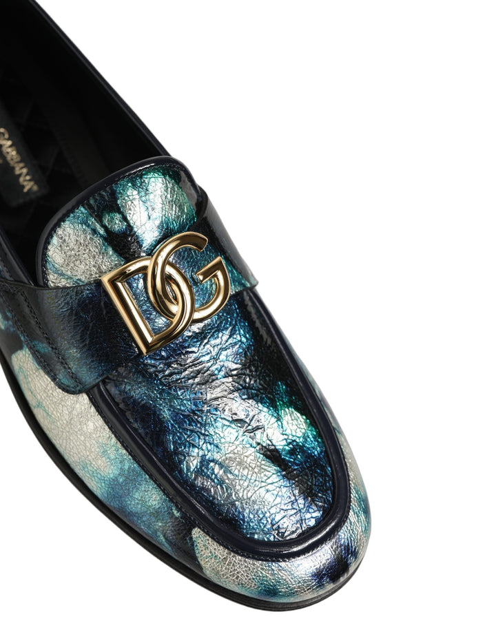 Dolce &amp; Gabbana Metallic Blue Silver Leather DG Loafers Shoes