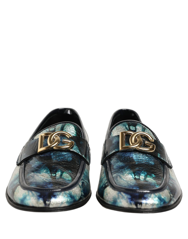 Dolce &amp; Gabbana Metallic Blue Silver Leather DG Loafers Shoes