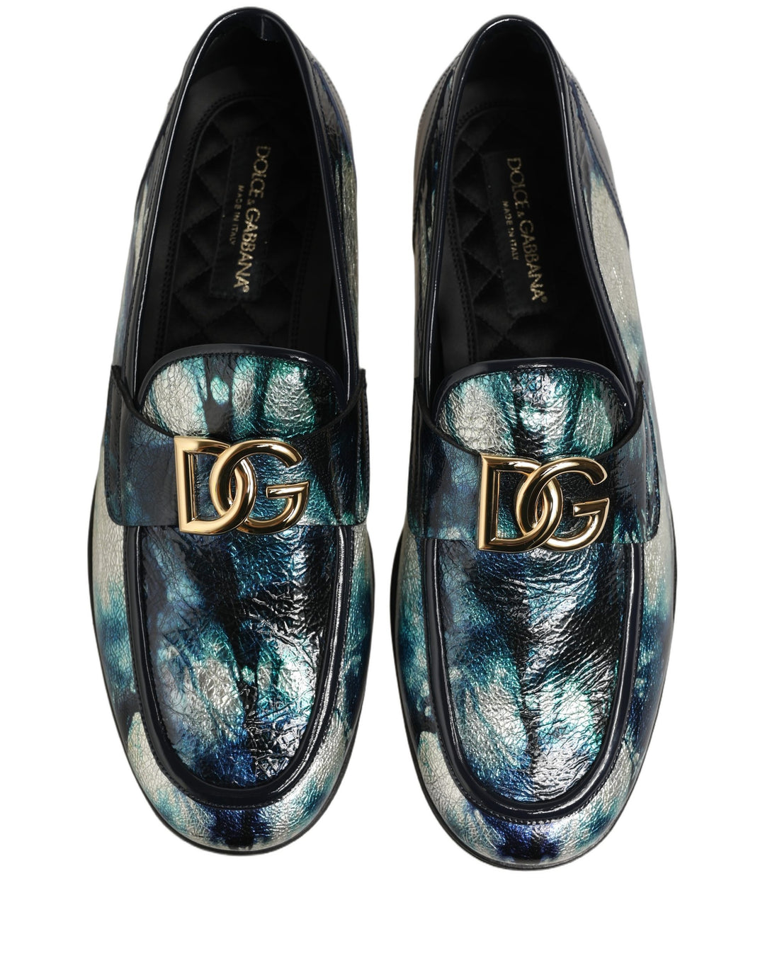 Dolce &amp; Gabbana Metallic Blue Silver Leather DG Loafers Shoes