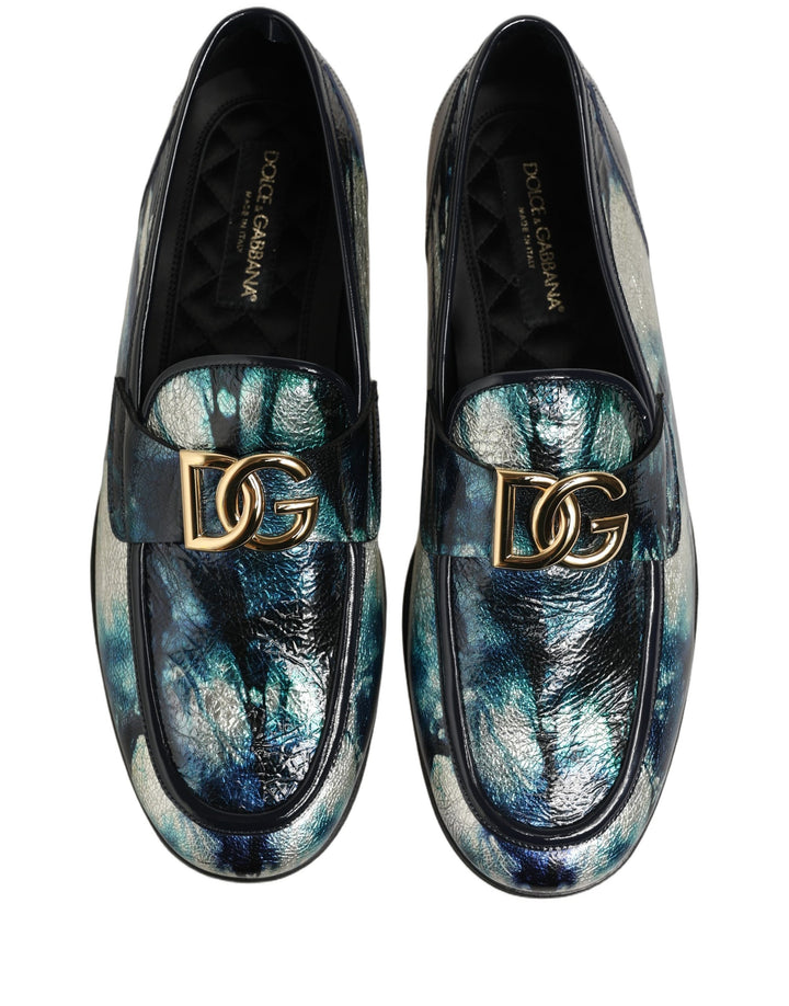 Dolce &amp; Gabbana Metallic Blue Silver Leather DG Loafers Shoes