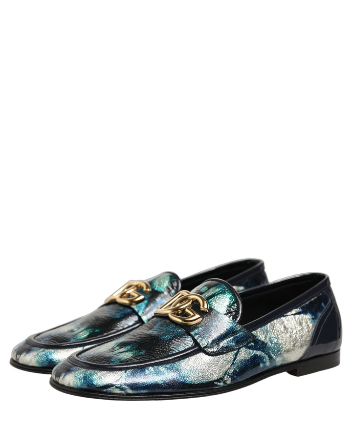 Dolce &amp; Gabbana Metallic Blue Silver Leather DG Loafers Shoes