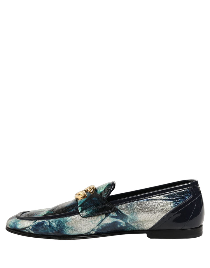 Dolce &amp; Gabbana Metallic Blue Silver Leather DG Loafers Shoes
