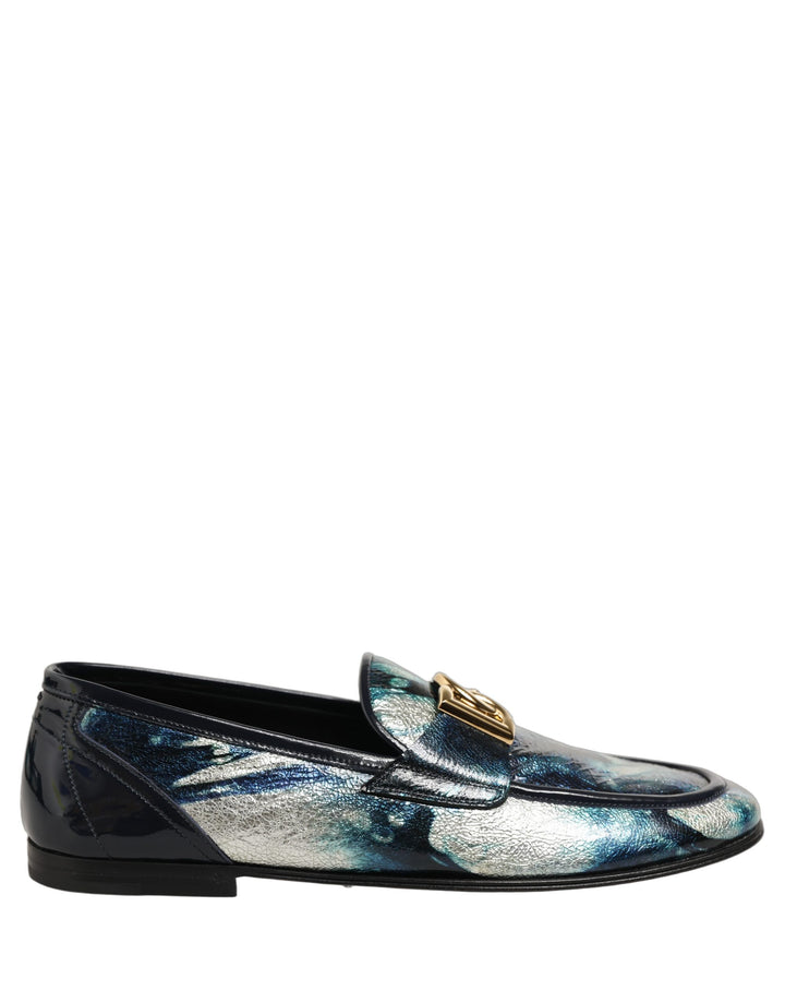 Dolce &amp; Gabbana Metallic Blue Silver Leather DG Loafers Shoes